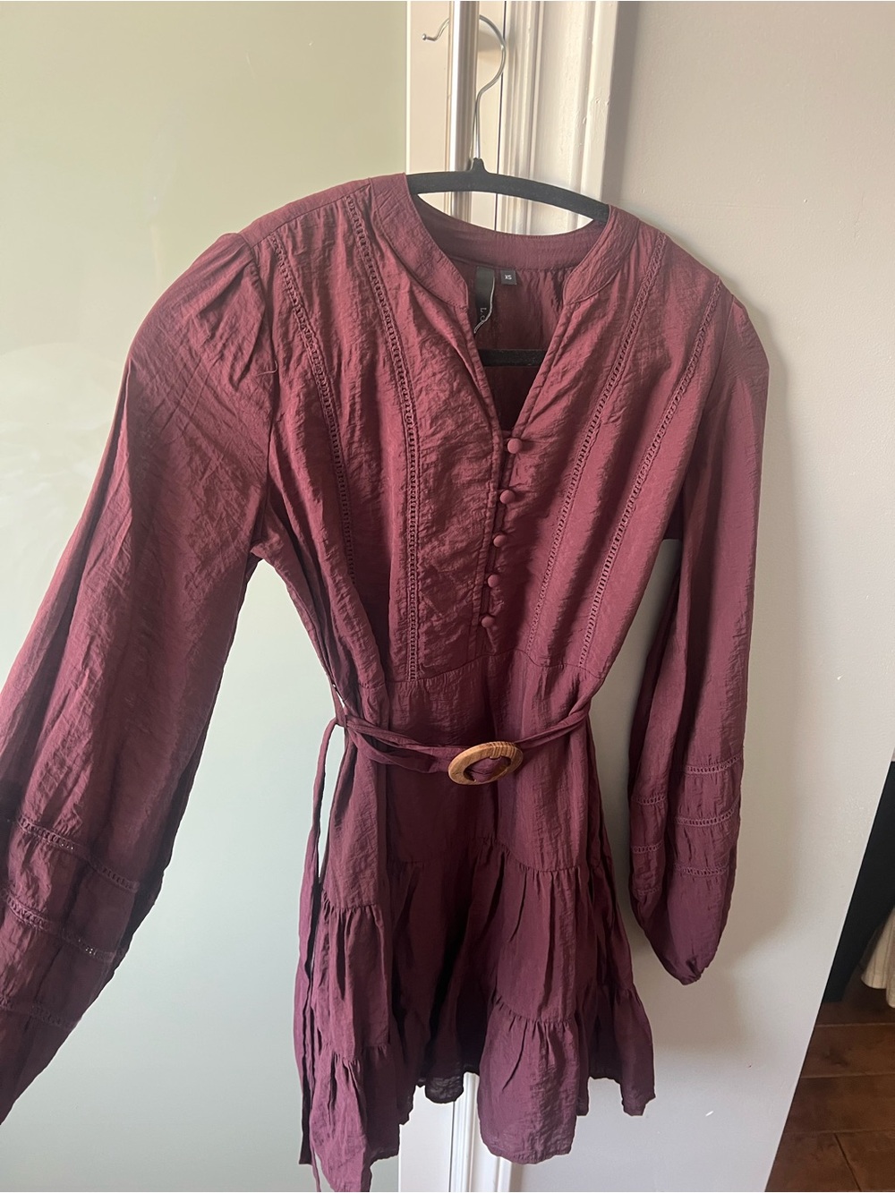 Women's Long Sleeve Tiered Dress in Deep Burgundy